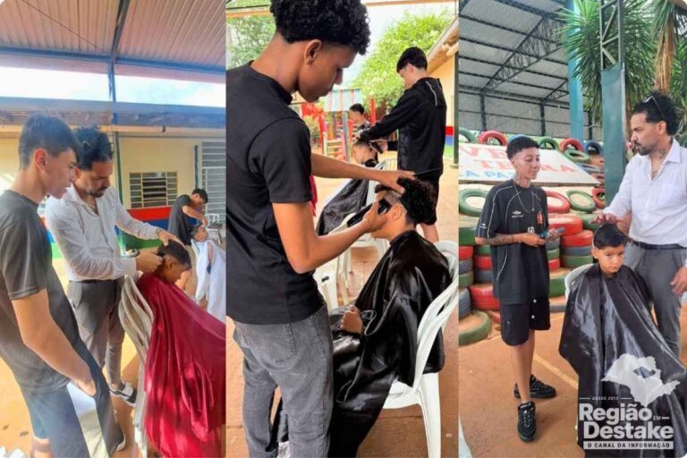 Alunos e professores do curso de Barbearia da FESC participam de ação social na Nave Sal da Terra, em São Carlos.